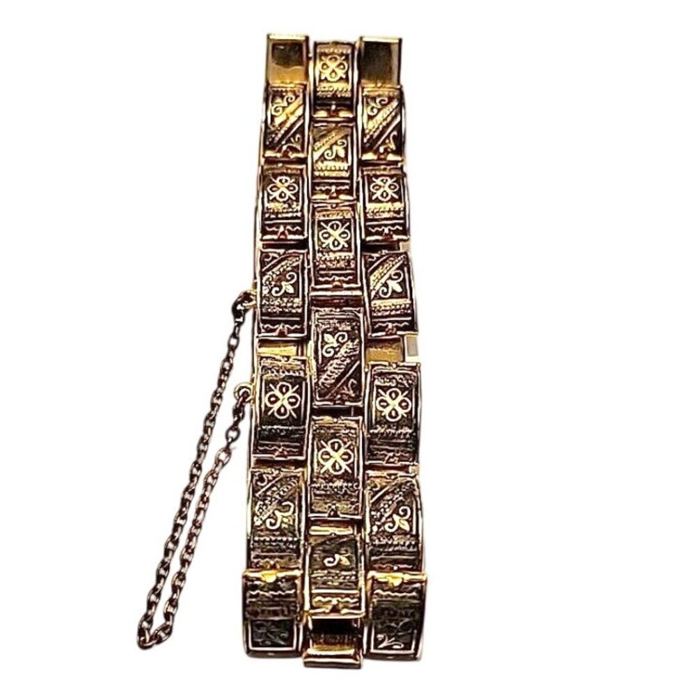 VTG Damascene Bracelet Links Dome Gold tone Flower Etched 7.5" Spring Ring